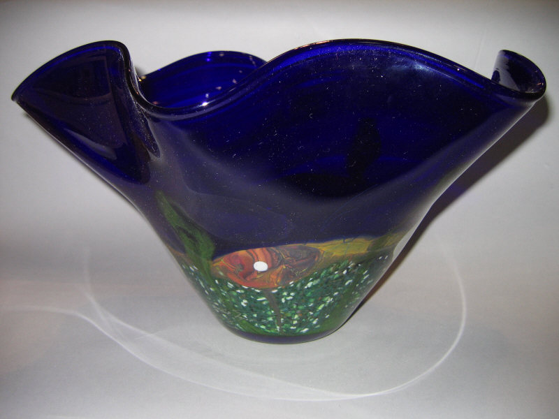 Appraisal: LARGE BLOWN GLASS HANDKERCHIEF BOWL primarily blue with cased glass