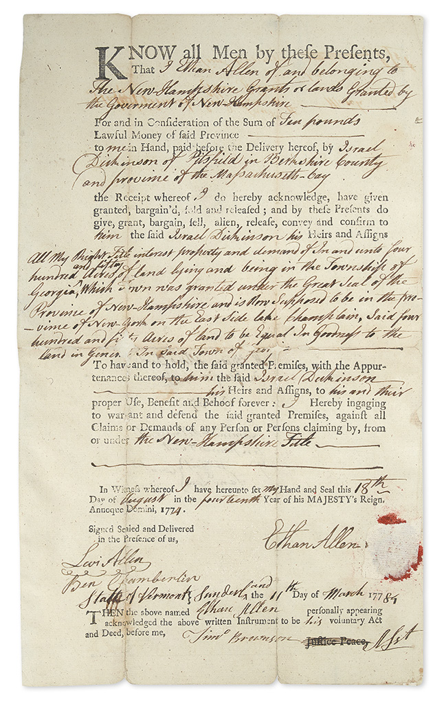 Appraisal: DEED FOR LAND IN VERMONT VERMONT ALLEN ETHAN Partly-printed Document