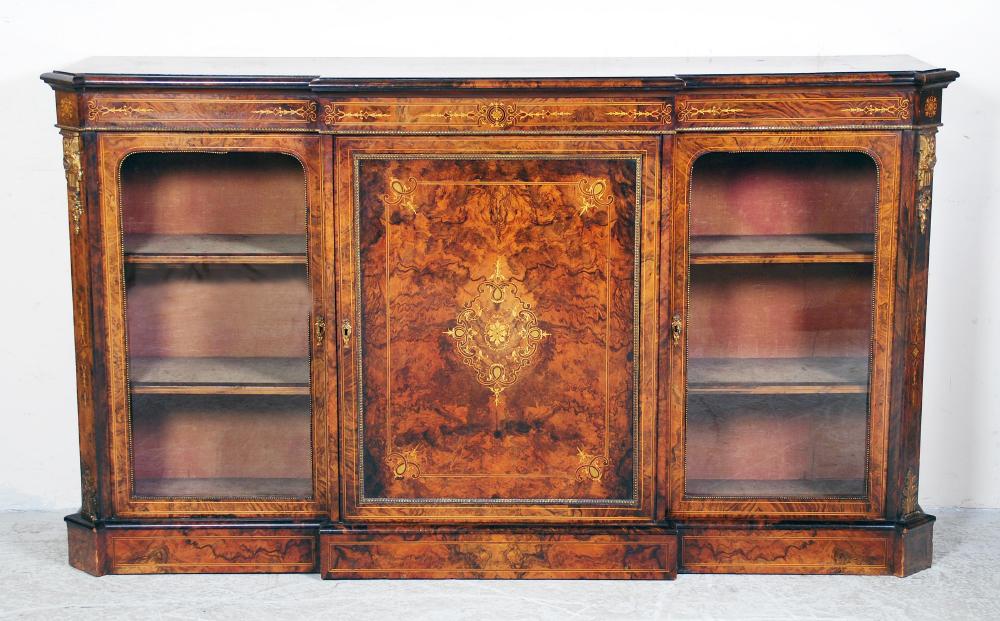 Appraisal: A VICTORIAN BURR WALNUT CREDENZA of breakfront form with foliate