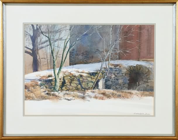 Appraisal: Winter scene at edge of barn watercolor x sight SLR