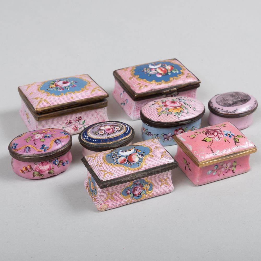 Appraisal: Group of Eight Staffordshire Enamel Pink Ground Snuff Boxes The