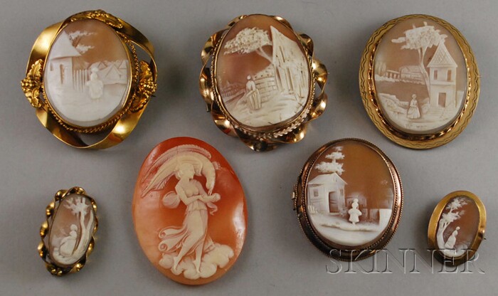 Appraisal: Six Shell-carved Cameo Brooches several gold-framed together with an unframed