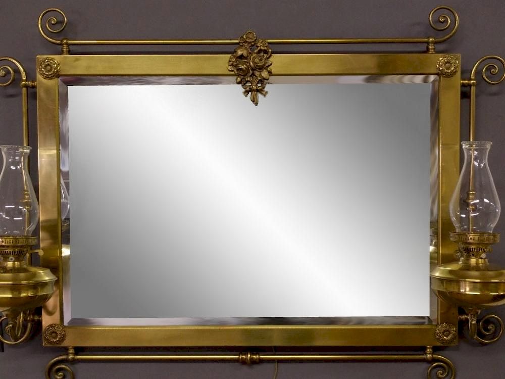 Appraisal: Brass Mirror with Electrified Lamps Brass and beveled glass mirror