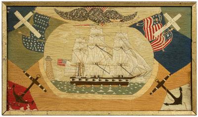 Appraisal: Pictorial woolwork picture oval panel with three-masted sailing ship below