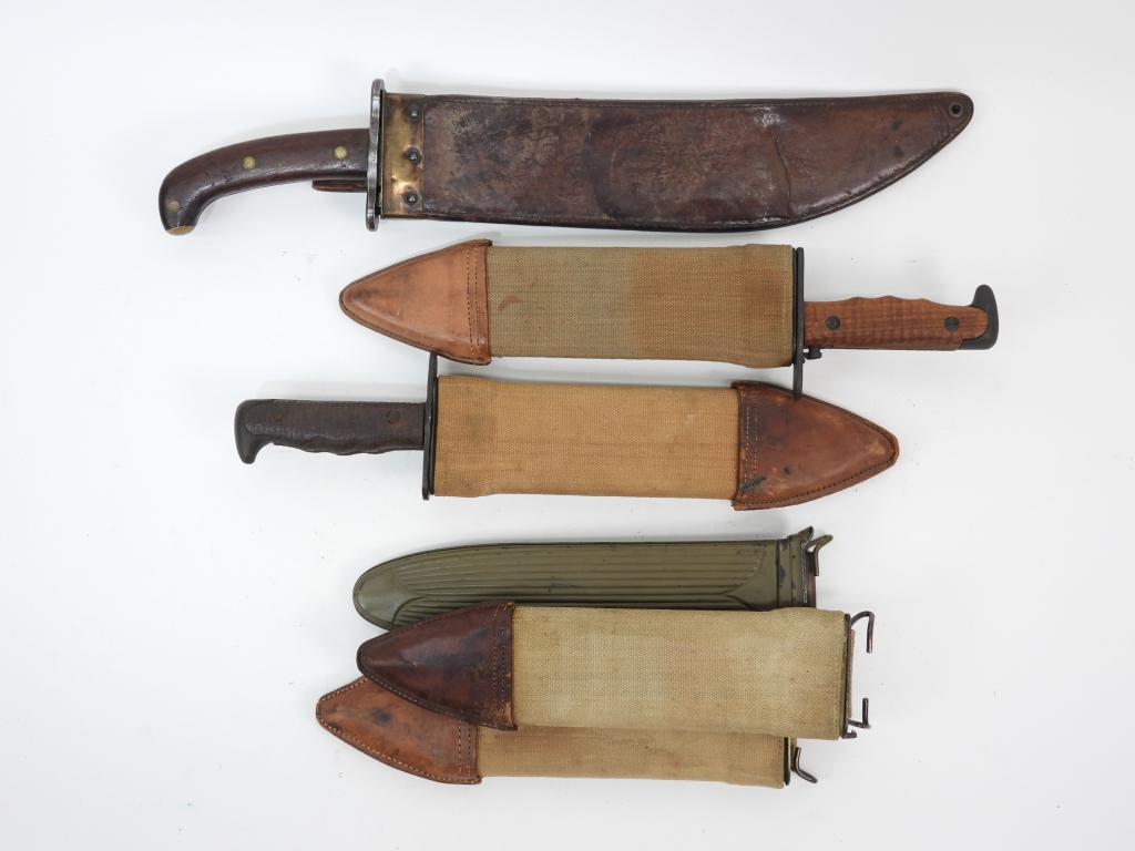 Appraisal: THREE U S BOLO KNIVES AND THREE SCABBARDS United States