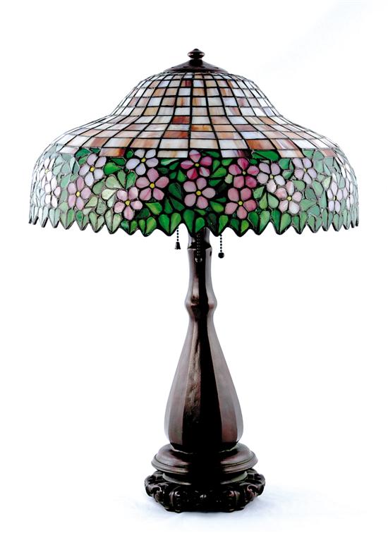 Appraisal: Handel leaded-glass and bronzed table lamp circa - domed geometric