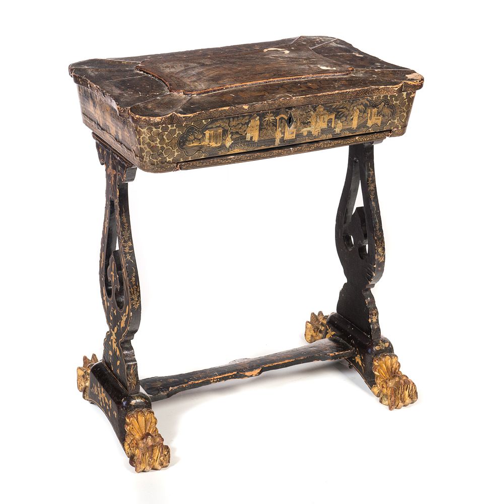 Appraisal: Chinese export black lacquer gilt sewing table Chinese export black