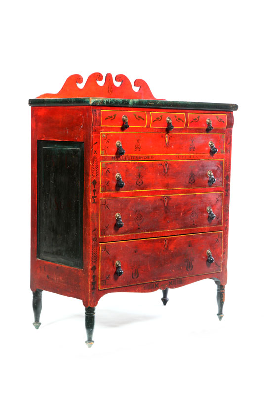 Appraisal: DECORATED CHEST OF DRAWERS Marked for Jeremiah Stahl Soap Hollow