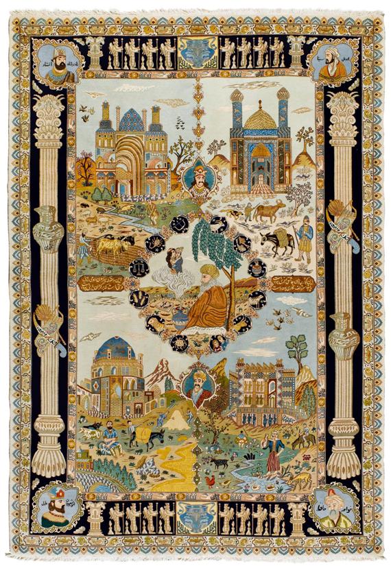 Appraisal: TABRIZ PICTORIAL CARPET Light blue central field with a central