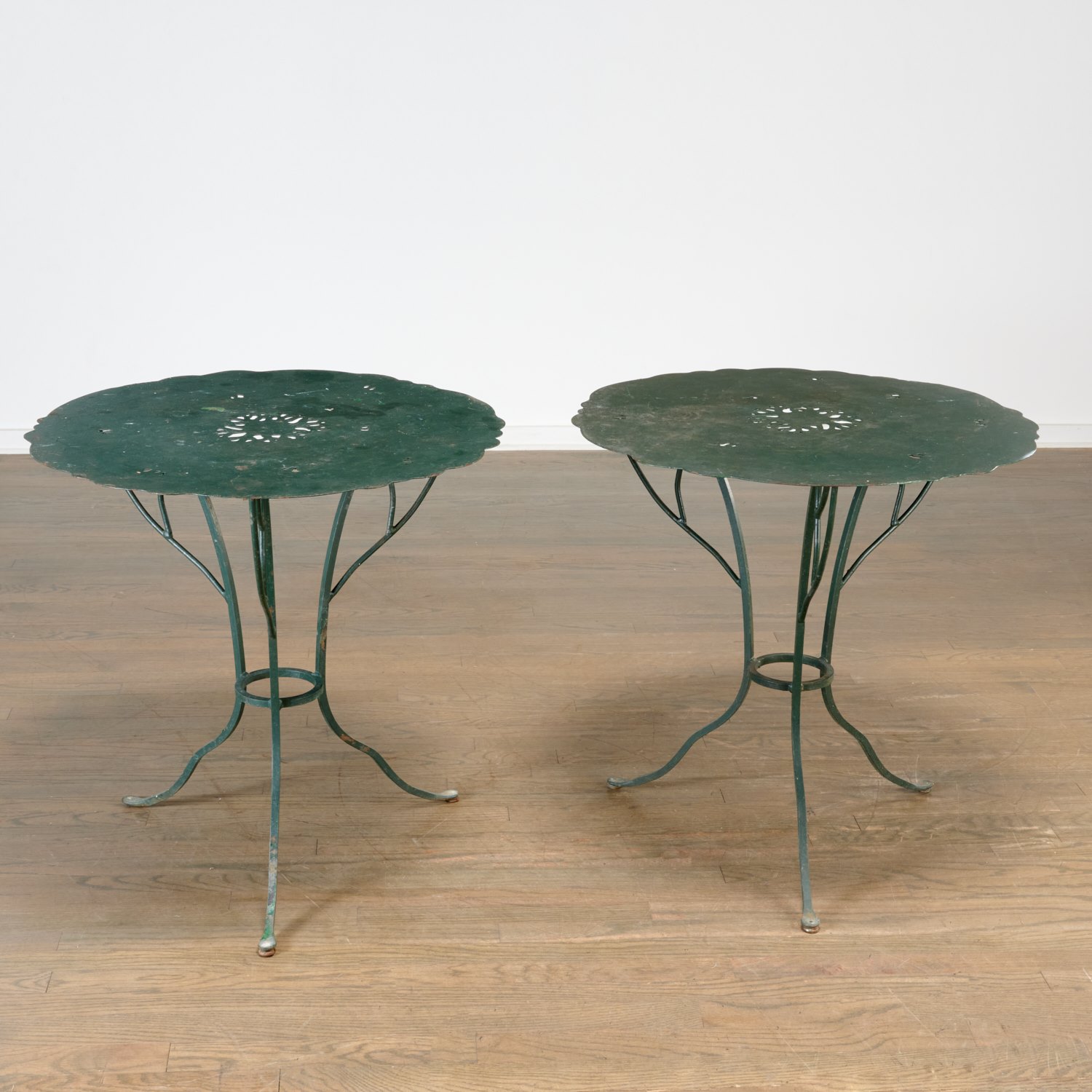 Appraisal: PAIR DESIGNER WROUGHT IRON TREE-FORM SIDE TABLES Mid- th c