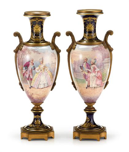 Appraisal: Pair of Sevres style cobalt porcelain and gilt bronze mounted