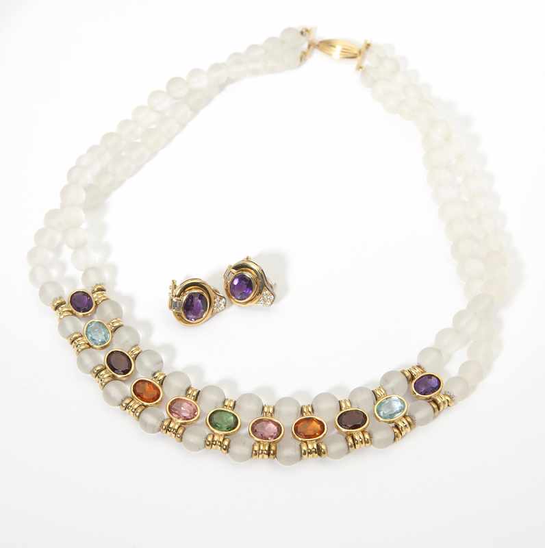 Appraisal: A double strand multi-gem-set necklace together with a pair of