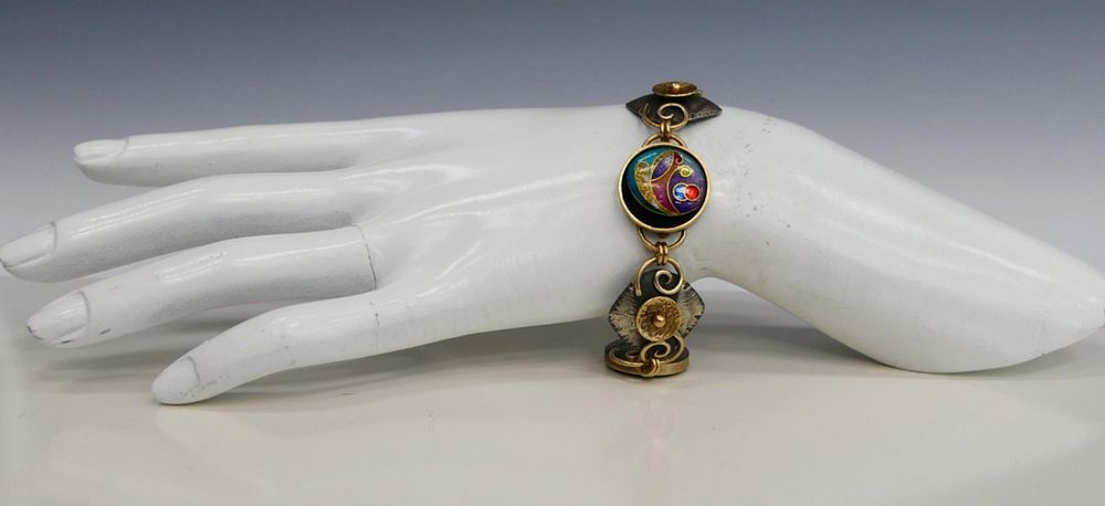 Appraisal: UNUSUAL KT Y GOLD SILVER ENAMELED BRACELET About long marked