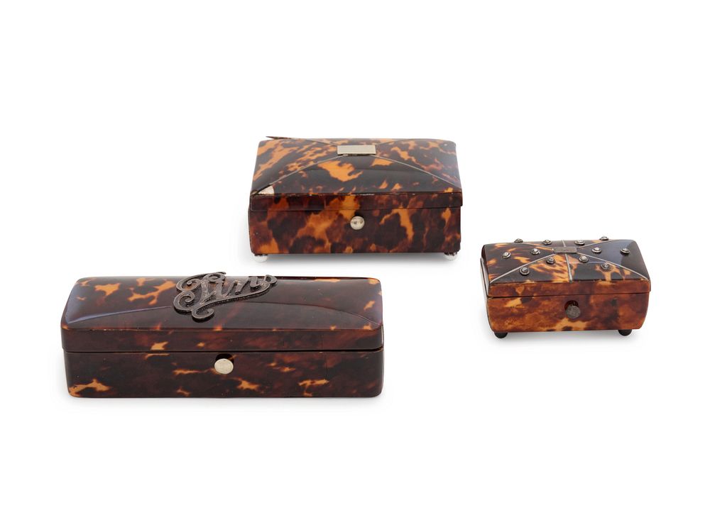 Appraisal: Three English Tortoise Shell Veneered Boxes Three English Tortoise Shell