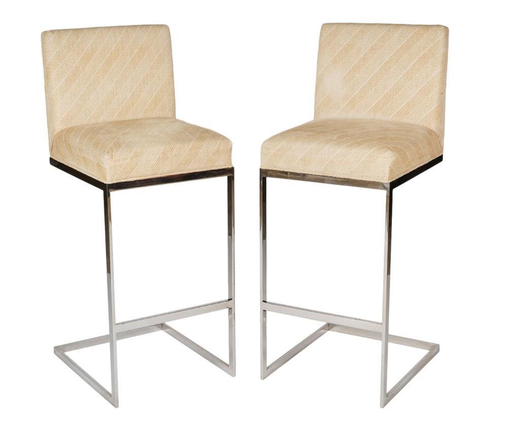 Appraisal: PR UPHOLSTERED BARSTOOLS ATTRB TO MILO BAUGHMANPair of polished chrome