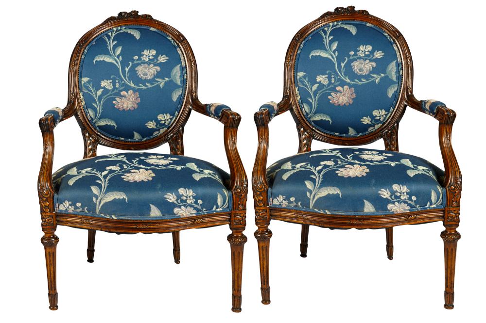 Appraisal: PAIR OF LOUIS XVI STYLE FAUTEUILS th century covered in