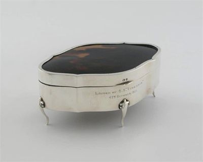 Appraisal: A modern mounted tortoiseshell jewel box on four legs inscribed