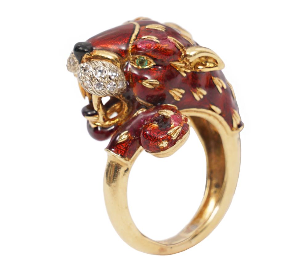 Appraisal: K YG DIAMOND EMERALD ENAMEL PANTHER RING K yellow gold