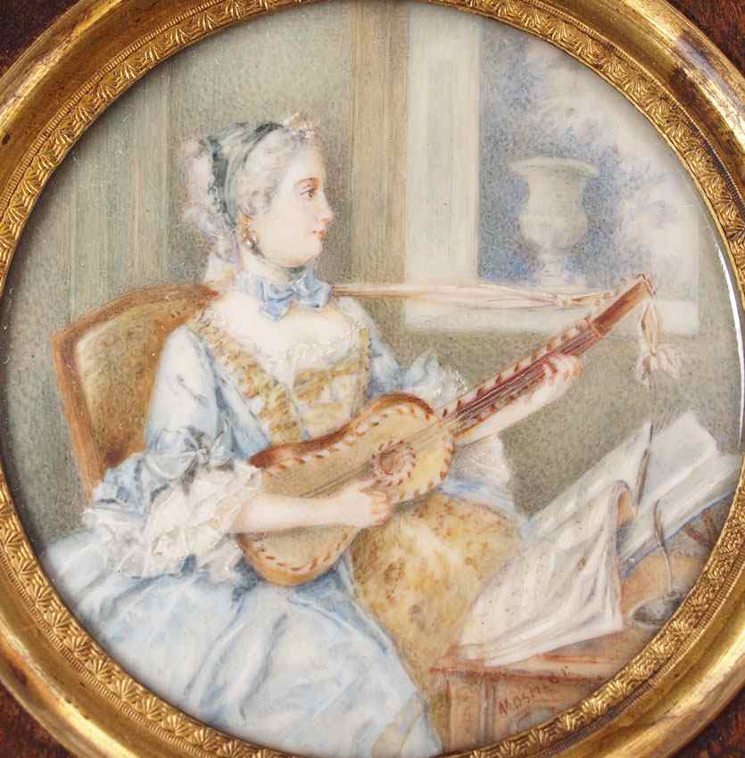 Appraisal: MINIATURE PAINTING ON IVORY OF A YOUNG WOMAN PLAYING STRING