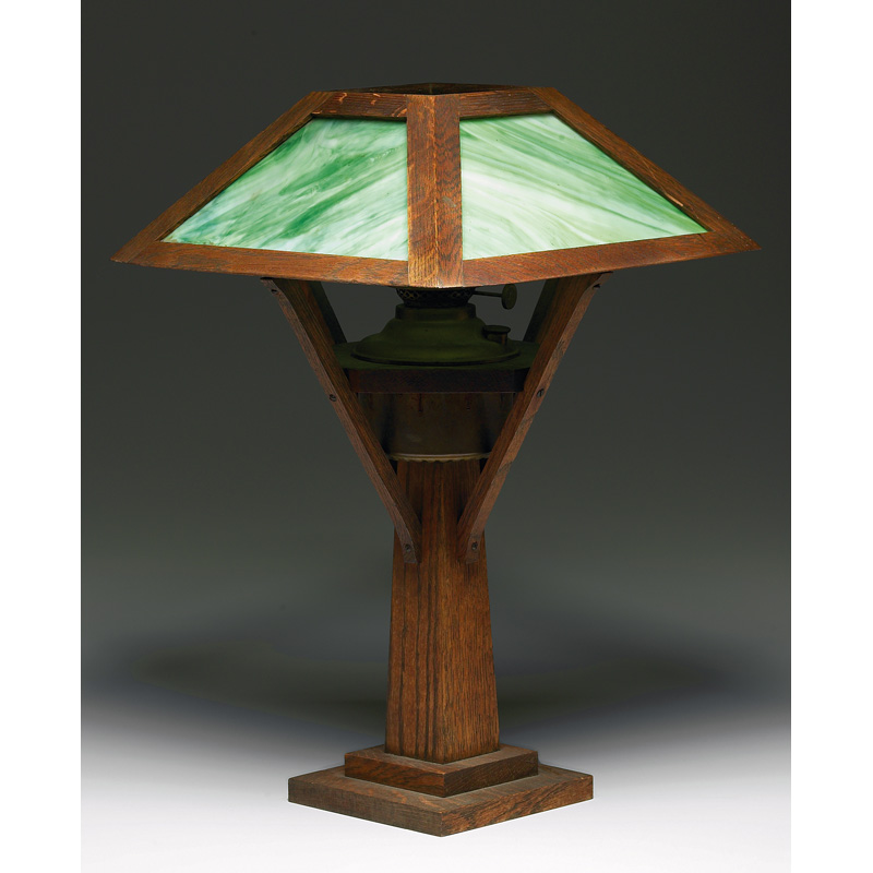 Appraisal: Arts Crafts kerosene lamp wooden form with four green and