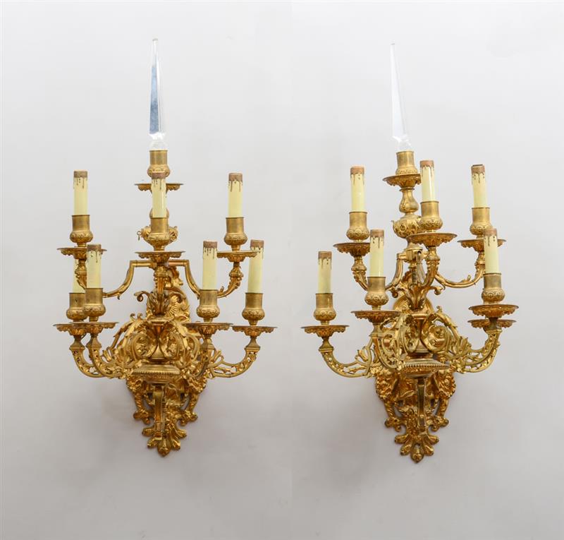 Appraisal: PAIR OF R GENCE STYLE GILT-BRONZE EIGHT-LIGHT WALL SCONCES Each