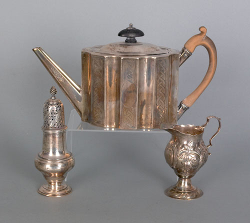 Appraisal: English silver creamer caster and teapot th c bearing the