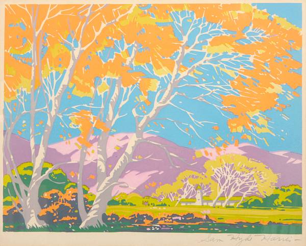 Appraisal: Sam Hyde Harris American - Untitled Autumn Landscape Linocut in