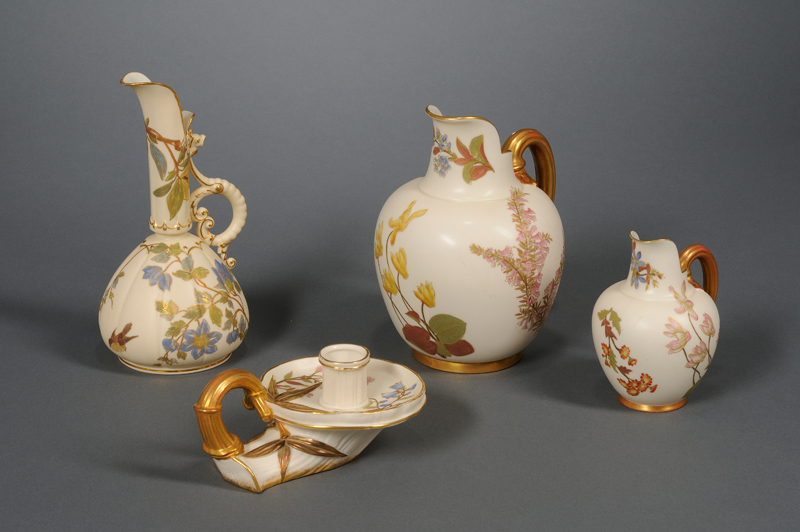 Appraisal: Four Royal Worcester Gilt and Hand-painted Floral Decorated Porcelain Table