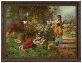 Appraisal: Hans Zatzka Young women frolicking in a garden signed lower