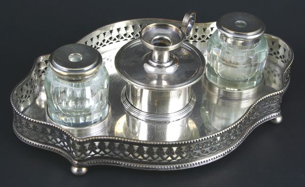 Appraisal: th Century English Sheffield ink stand includes ink wells candle