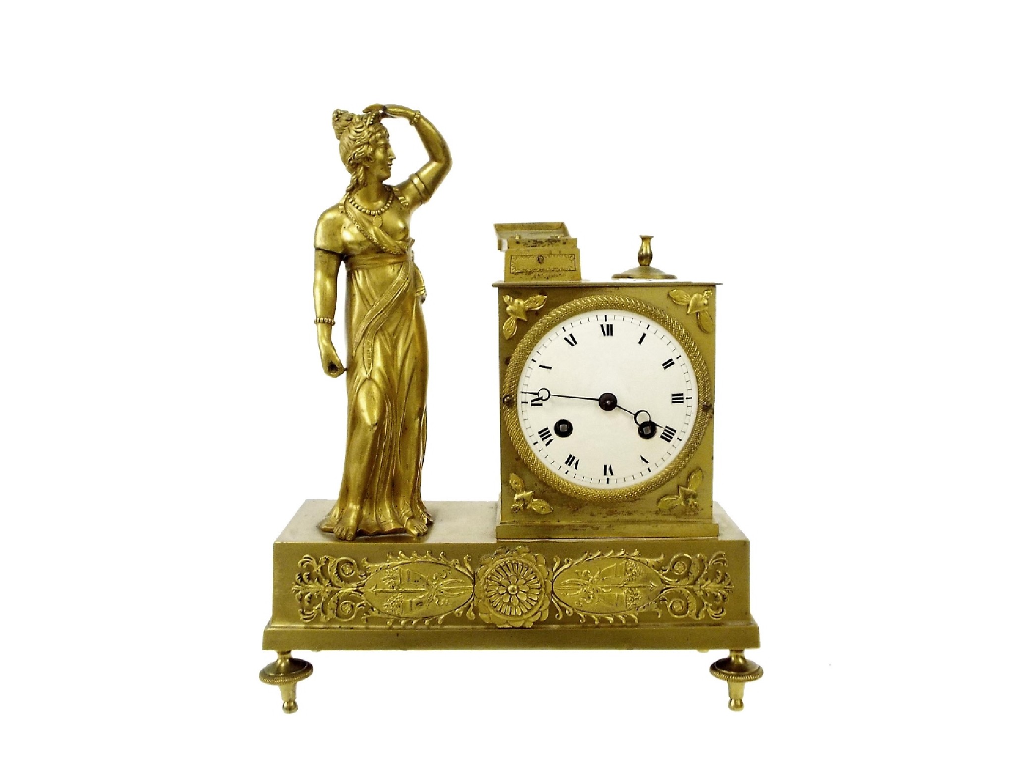 Appraisal: French ormolu two train figural mantel clock the movement with