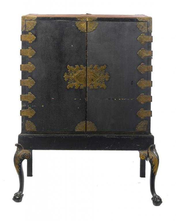 Appraisal: A CHINESE EXPORT LACQUER CABINET-ON-STAND with engraved brass mounts enclosed