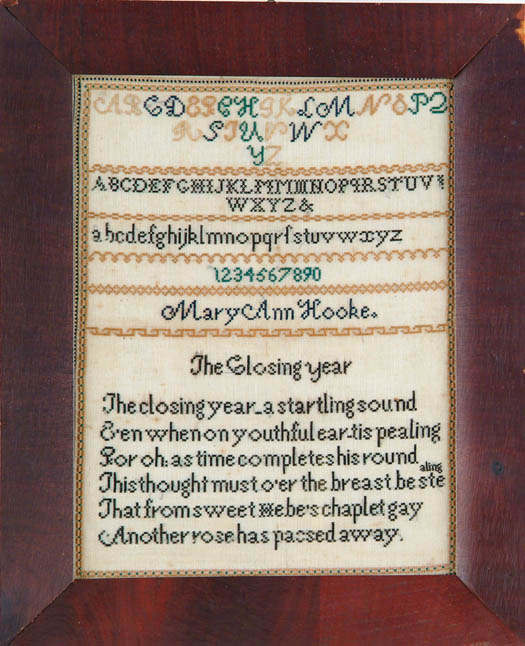 Appraisal: NEEDLEWORK SAMPLER BY MARY ANN HOOKE Three alpha rows one