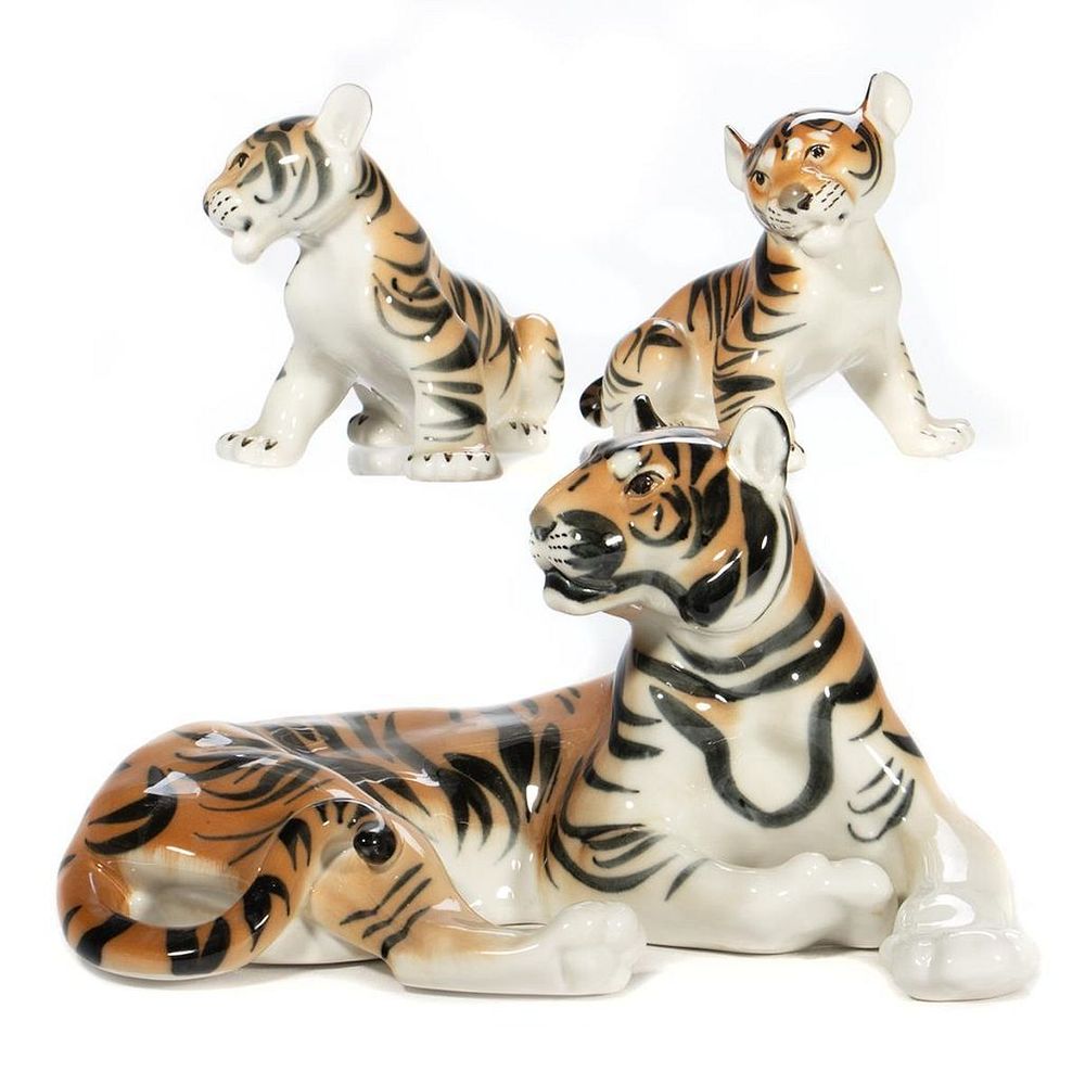 Appraisal: Russian Lomonosov Porcelain Tiger Group Including an adult tiger and