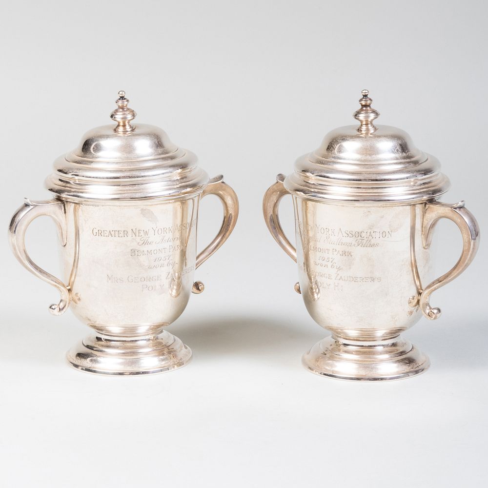 Appraisal: Pair of Ensko Silver Horse Racing Cup and Cover Trophies