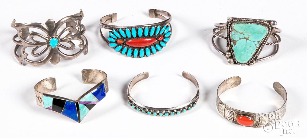 Appraisal: Six Native American Indian silver bracelets Six Native American Indian