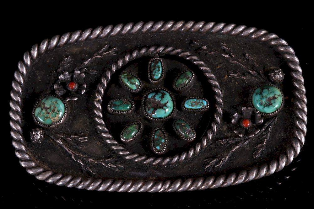 Appraisal: Old Pawn Turquoise Coral and Silver Belt Buckle For your