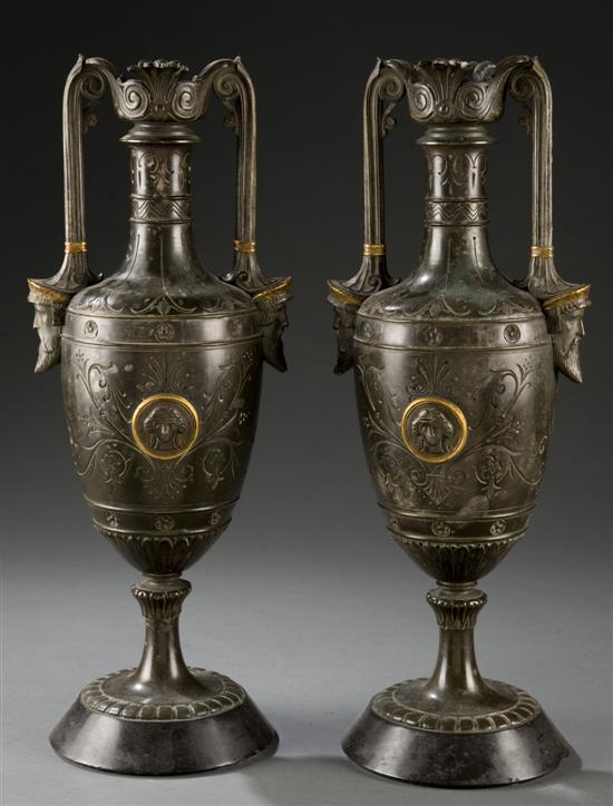 Appraisal: Pair of Neoclassical amphora style bronze urns th century Scroll