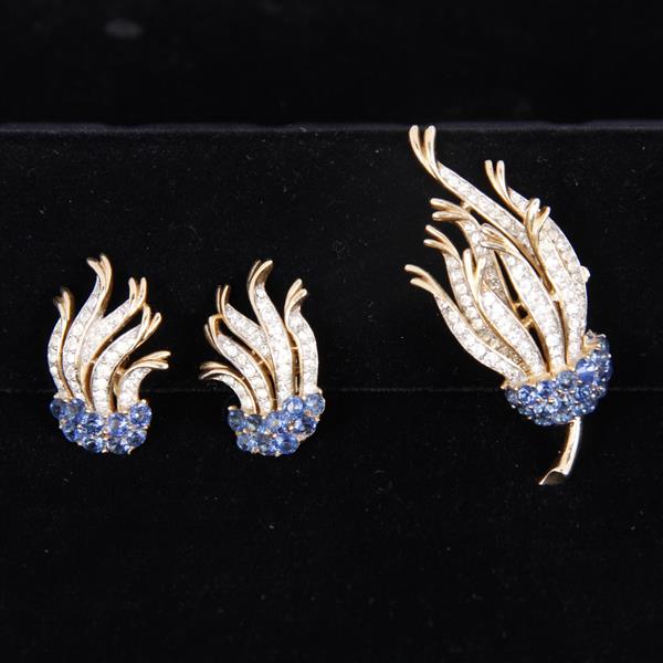 Appraisal: Trifari pc Pave Sapphire Floral Rhinestone Brooch Pin Clip Earrings