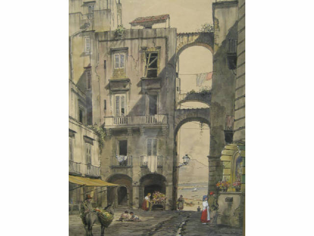 Appraisal: European Watercolor of a Courtyard along the roast signed illieibly