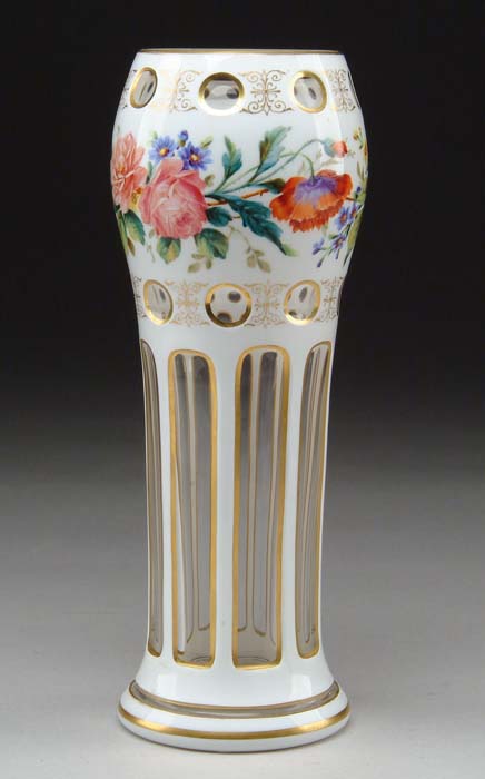 Appraisal: CUT OVERLAY VASE Beautiful decorated vase has panels of white