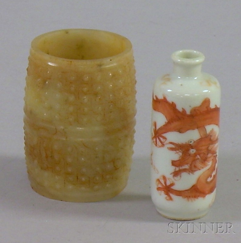 Appraisal: Small Archaic-style Carved Jade Cylinder and a Chinese Porcelain Snuff