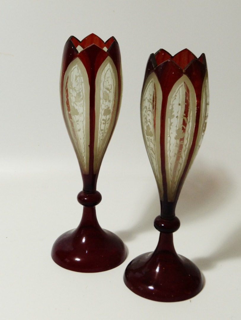 Appraisal: A pair of thC Bohemian ruby clear and etched glass