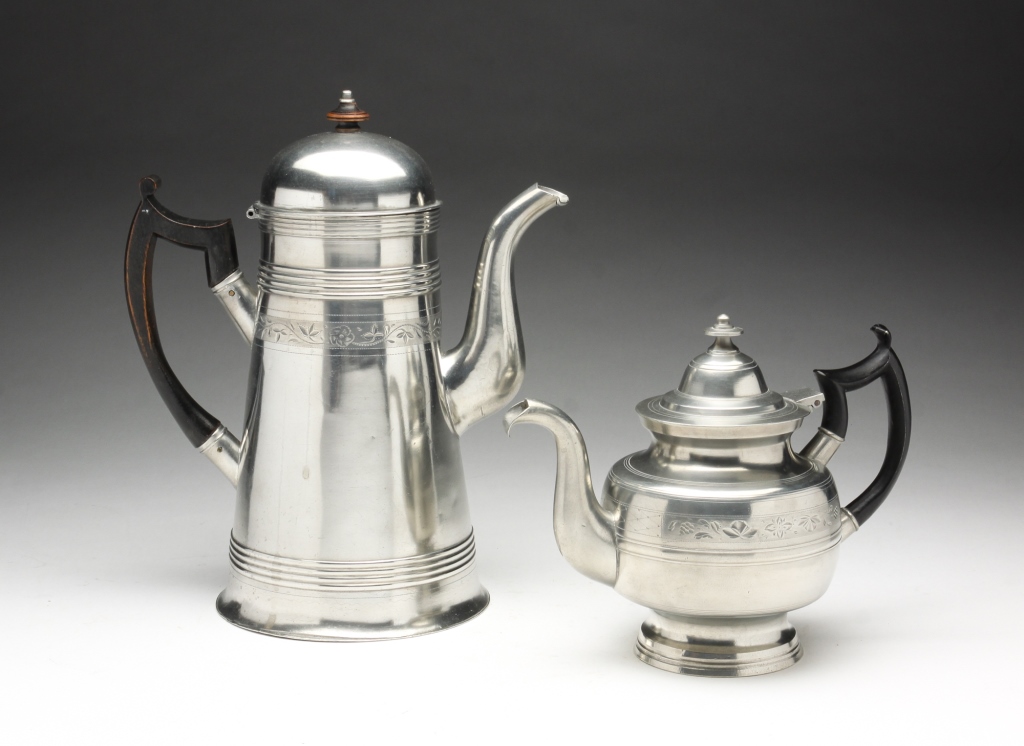 Appraisal: ENGRAVED PEWTER TALL POT AND TEAPOT Massachusetts st half th