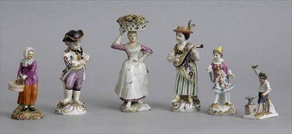 Appraisal: SIX CONTINENTAL PORCELAIN FIGURES Comprising a Furstenburg barefoot boy blacksmith