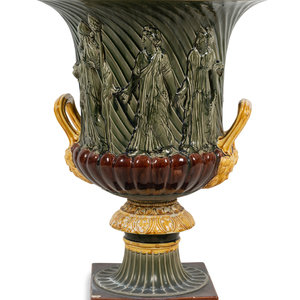 Appraisal: A Large French Majolica Campagna Urn th Century stamped SARREGUEMINES