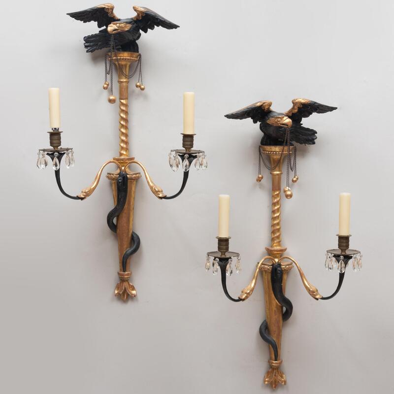 Appraisal: Pair of Regency Ebonized and Parcel-Gilt Two-Light Wall Lights x