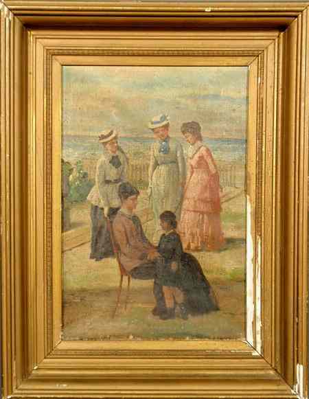 Appraisal: Oil on canvas painting of Victorian figures by an Oceanside