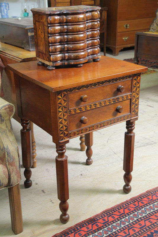 Appraisal: TWO DRAWER STAND Cherry with wooden pulls parquetry inlay turned