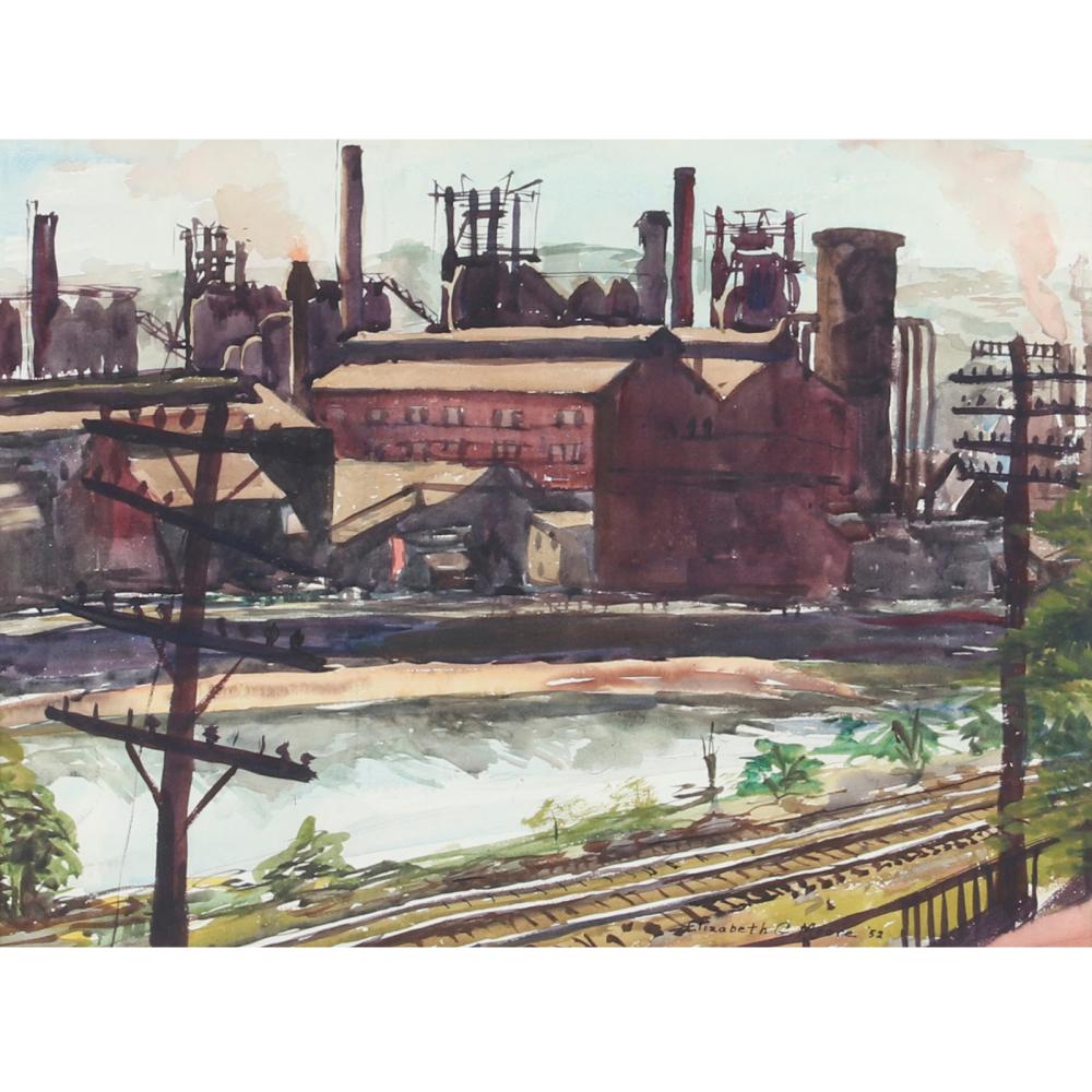 Appraisal: ELIZABETH G MOORE AMERICAN TH CENTURY INDUSTRIAL SCENE WITH RAILROAD